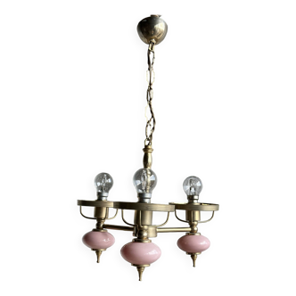 Small pink and gold chandelier with 3 arms of lights
