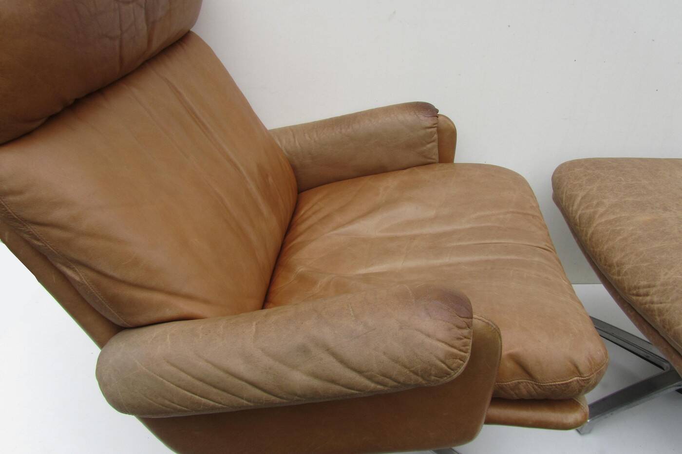 Mid-century vintage high back leather Swivel Armchair with Ottoman, 1970s
