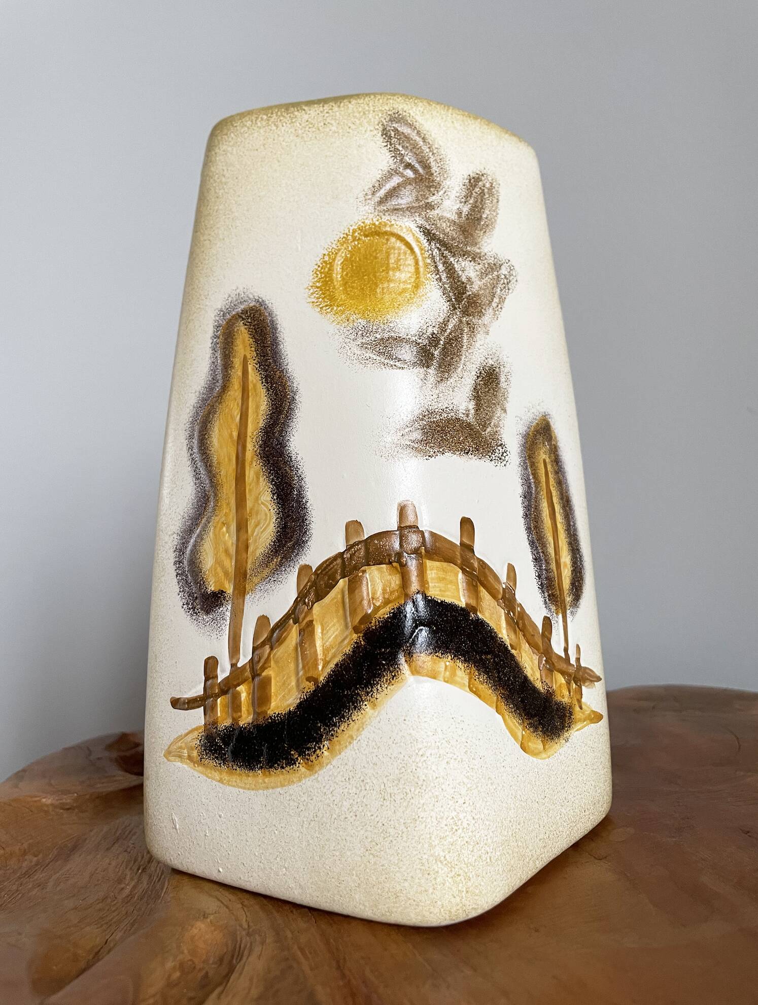 Beige-Yellow Chinese Ceramic Vase with Tactile Design Depicting Houses, Sun, Trees and Countryside