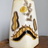Beige-Yellow Chinese Ceramic Vase with Tactile Design Depicting Houses, Sun, Trees and Countryside