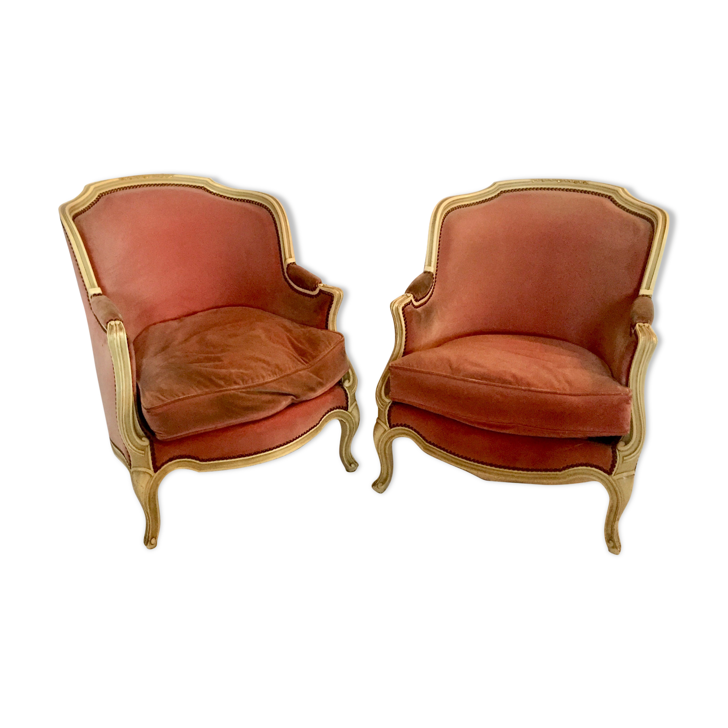 Pair of armchairs in wood and velvet, early 20th century