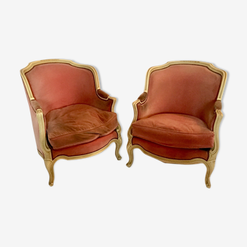 Pair of armchairs in wood and velvet, early 20th century