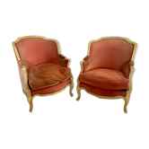 Pair of armchairs in wood and velvet, early 20th century
