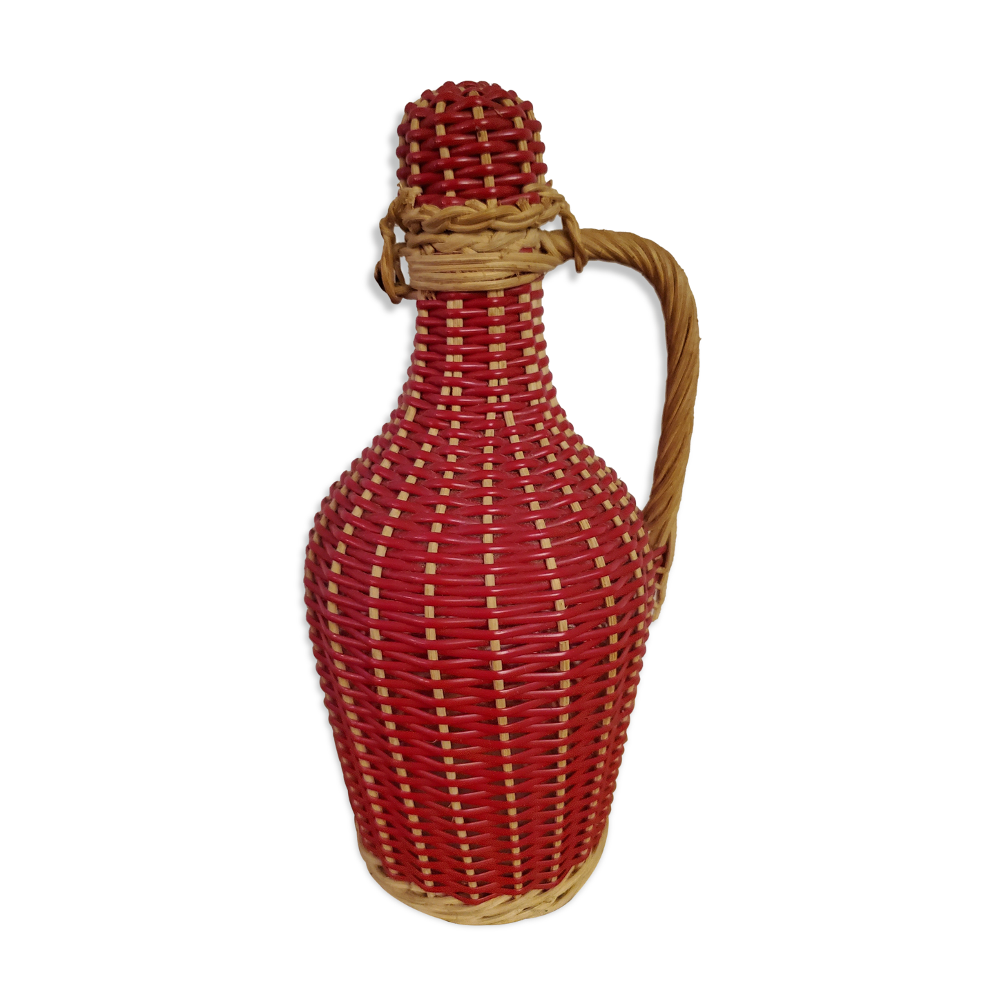Glass bottle and rattan and scoubidou braiding 1960