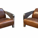 Set of 3 Stacyville items, leather and stainless steel, 2 armchairs and a sofa.