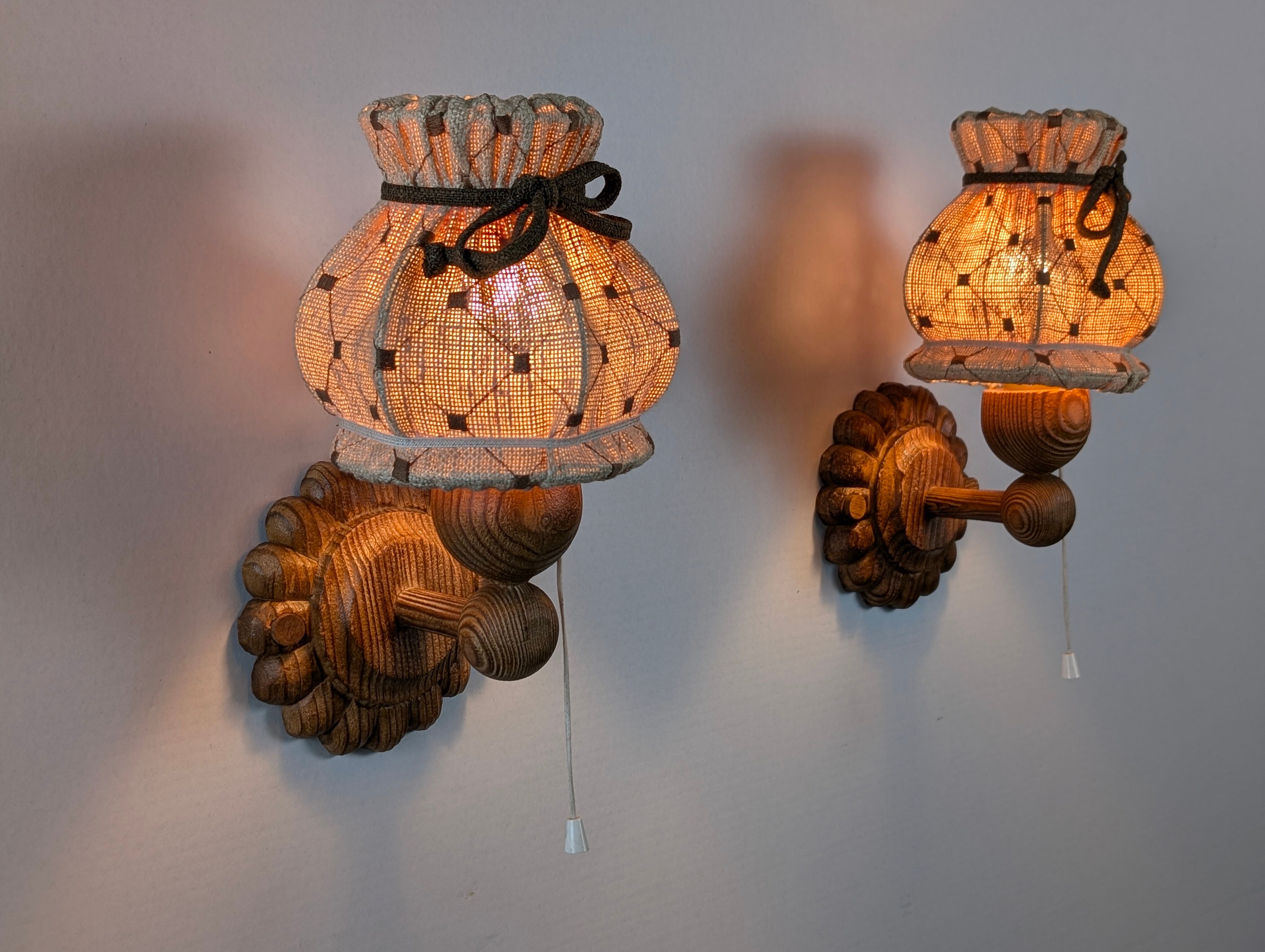 Pair of carved pine wall lights with jute shades, Swedish design, 1970s