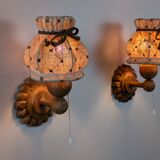 Pair of carved pine wall lights with jute shades, Swedish design, 1970s
