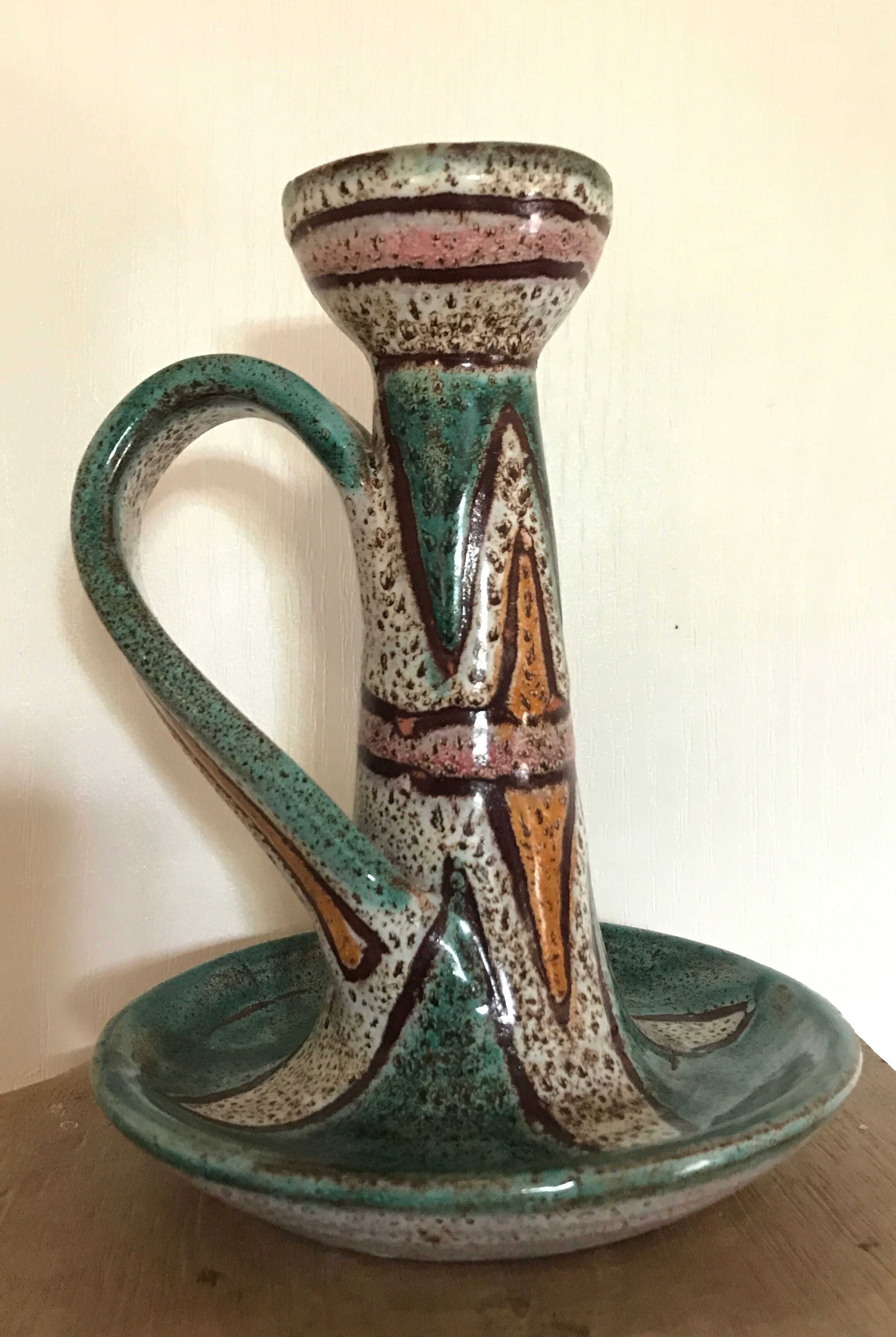 Hand candleholder in enamelled ceramic, polychrome paint, art deco, numbered