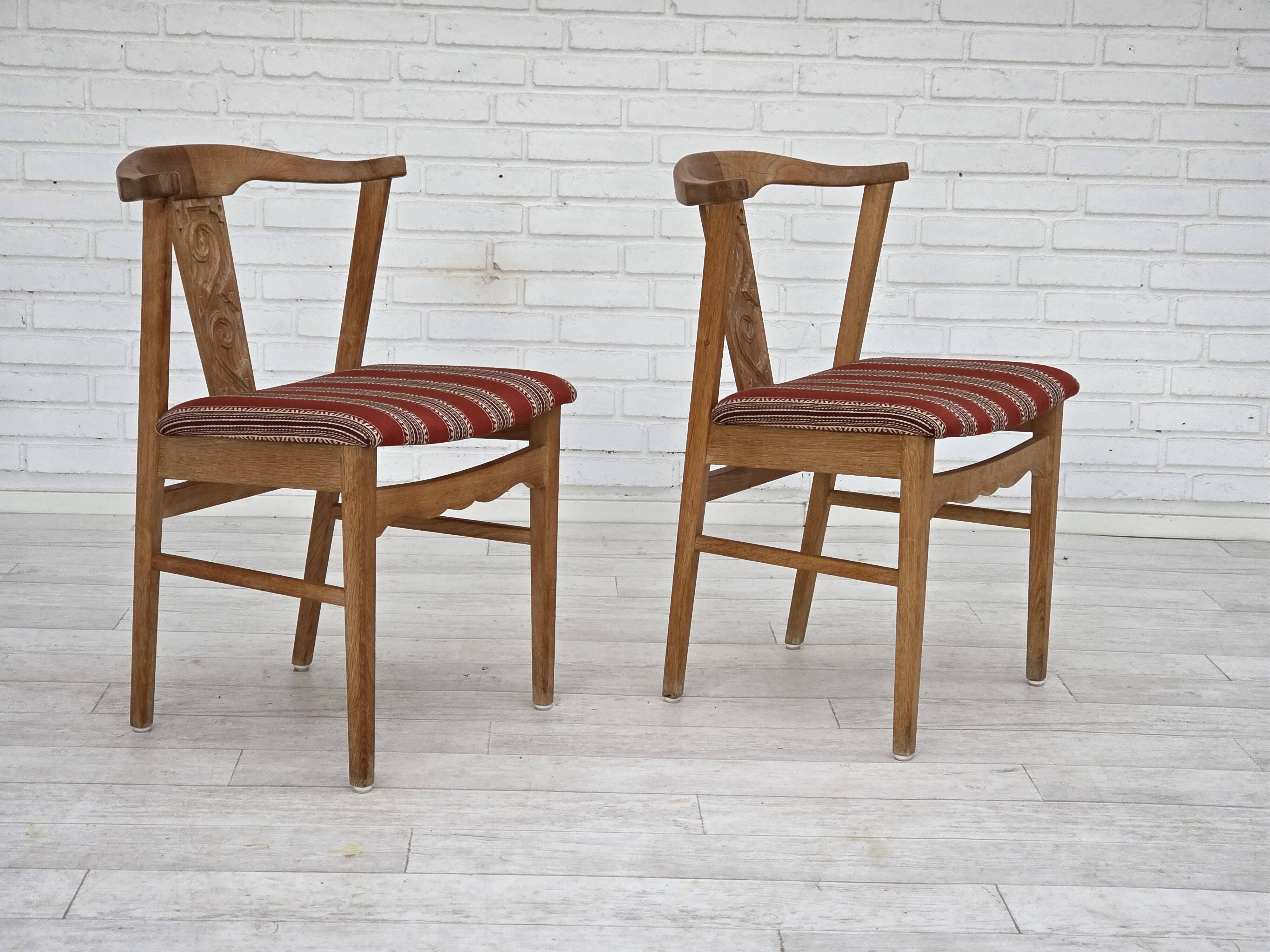 1960s, pair of Danish dining chairs, solid oak wood, furniture wool.