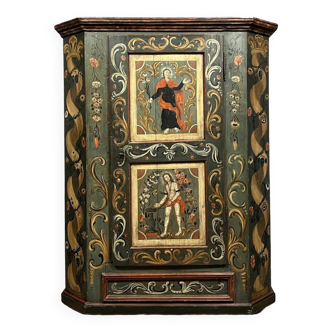 Bernese wedding cabinet in polychrome wood circa 1680 richly decorated with foliage and flowers