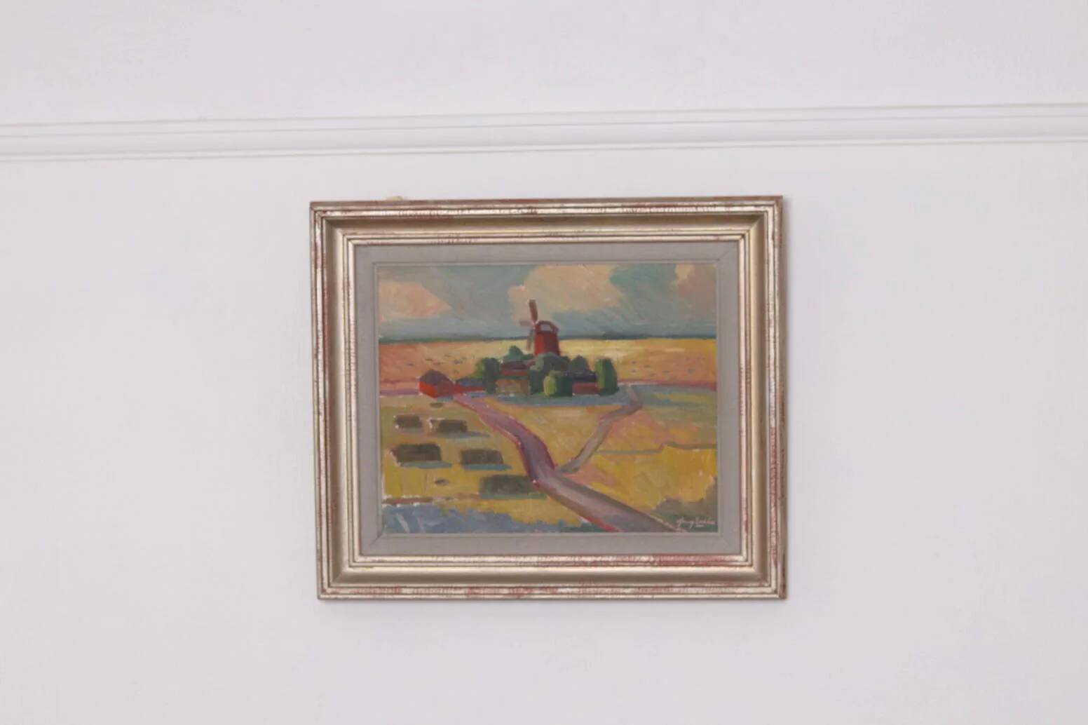 Huile sur toile originale suédoise – « Paysage avec moulin à vent » par Harry Sahlin