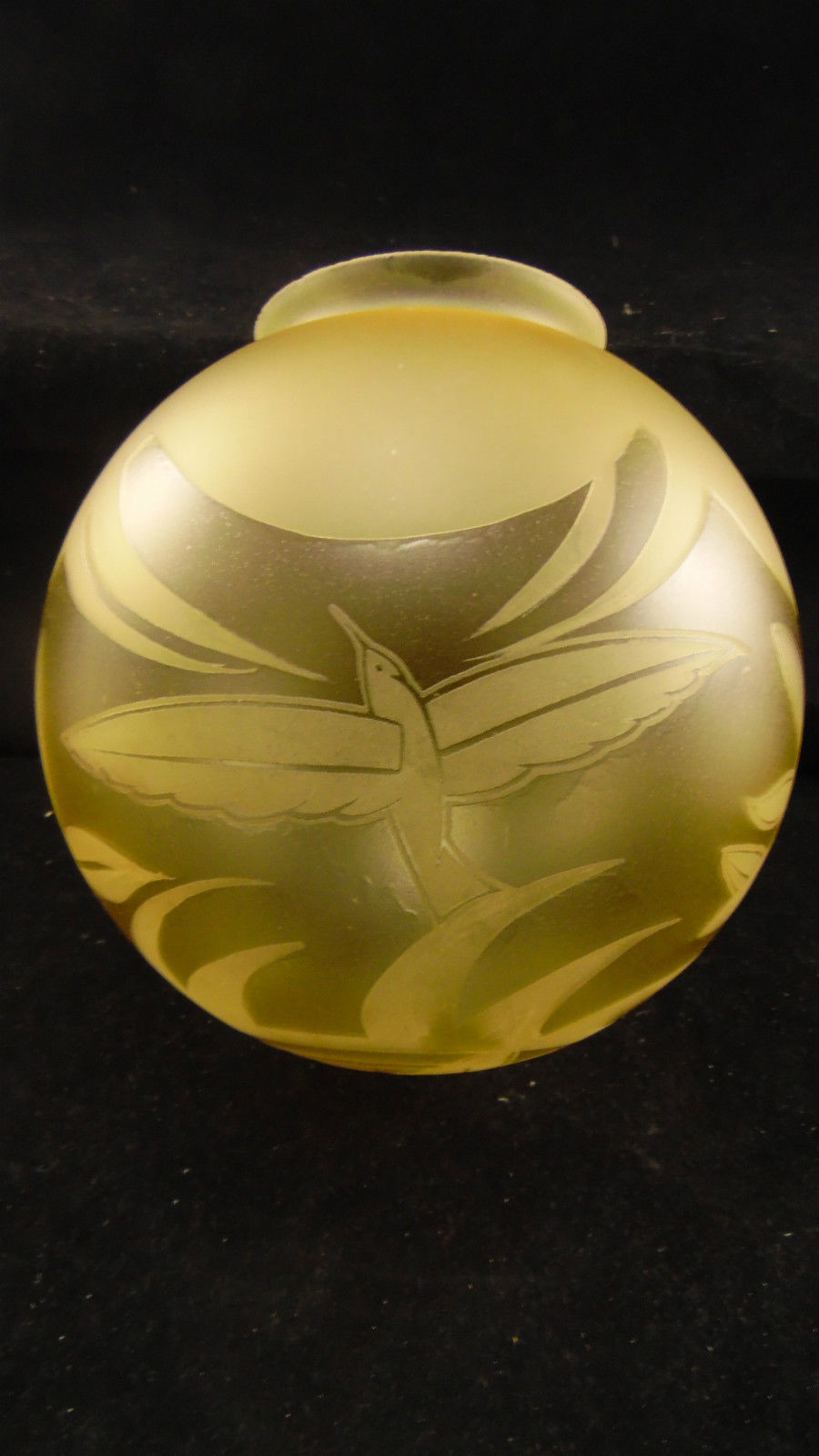 Acid engraved glass ball decorated with birds and geometric art deco