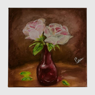 Oil on canvas flowers in a red vase