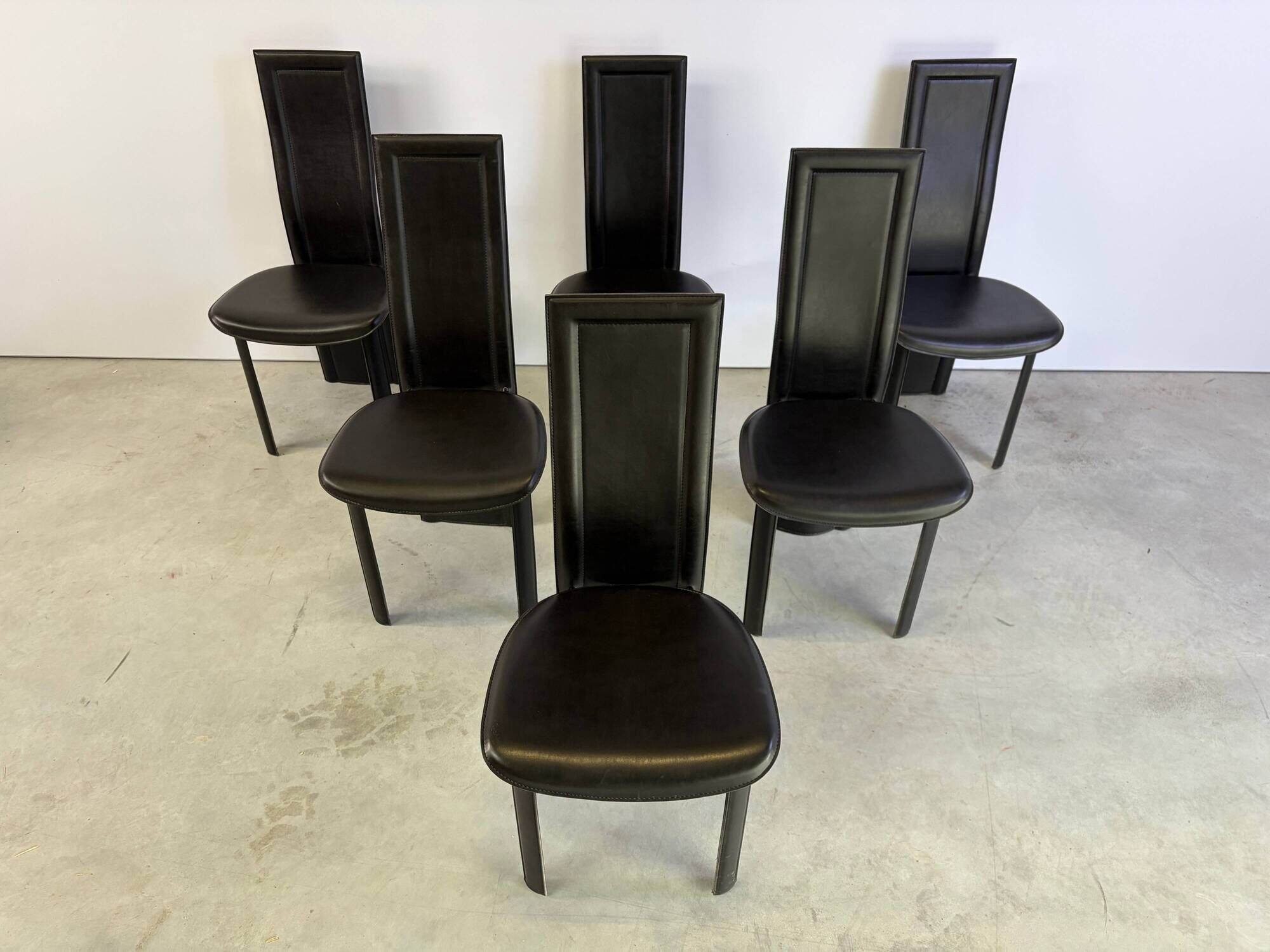Vintage black leather dining chairs, set of 6, 1980s