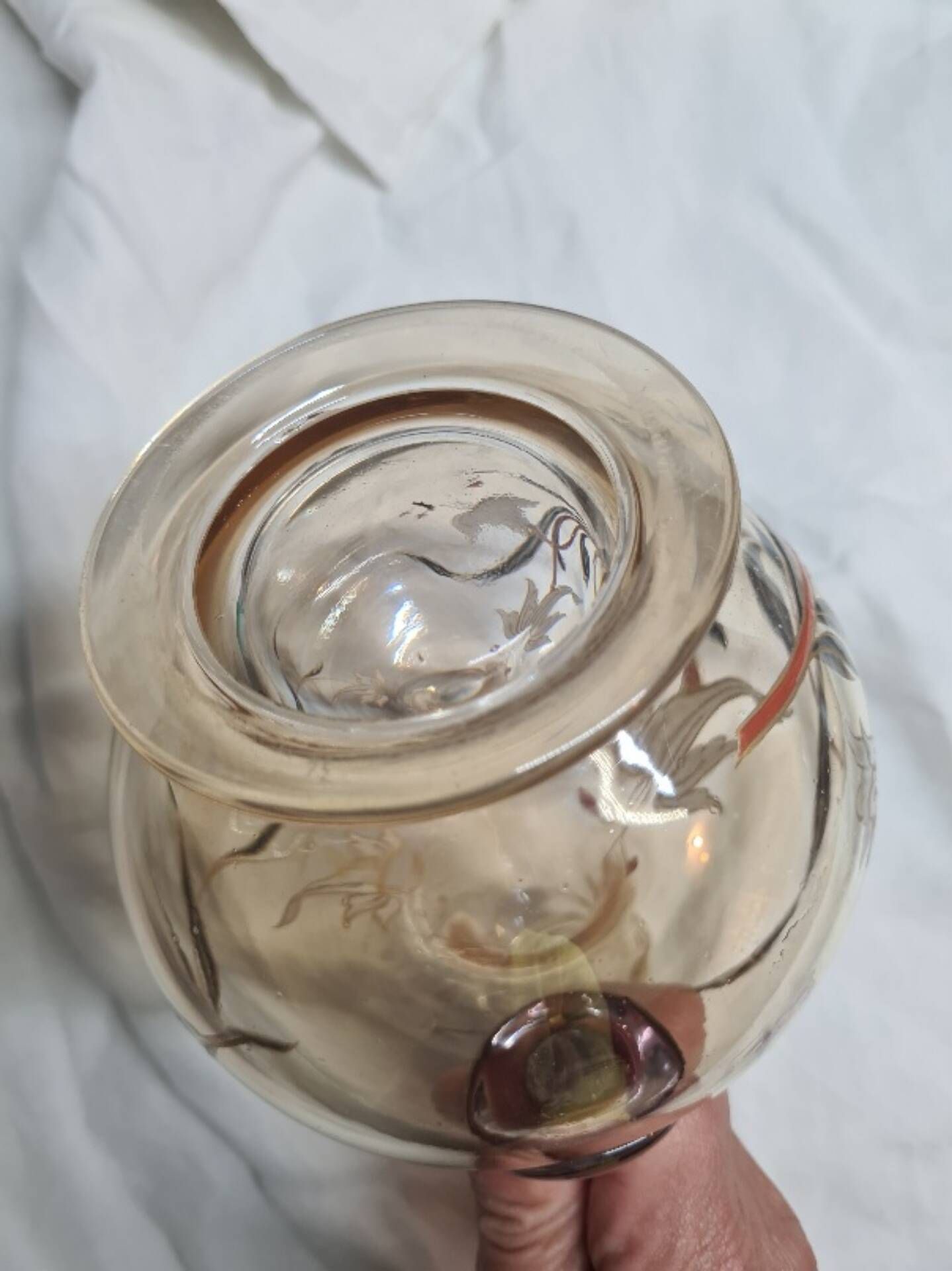Large Art Nouveau carafe with iridescent enamelled glass and flowers.
