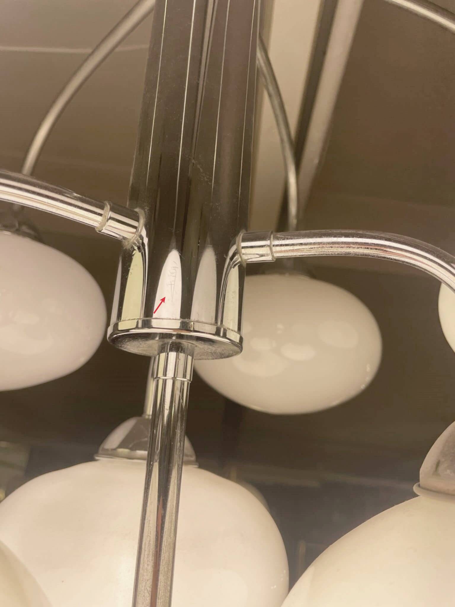 10-light chandelier in opaline and chrome-plated metal, 1960