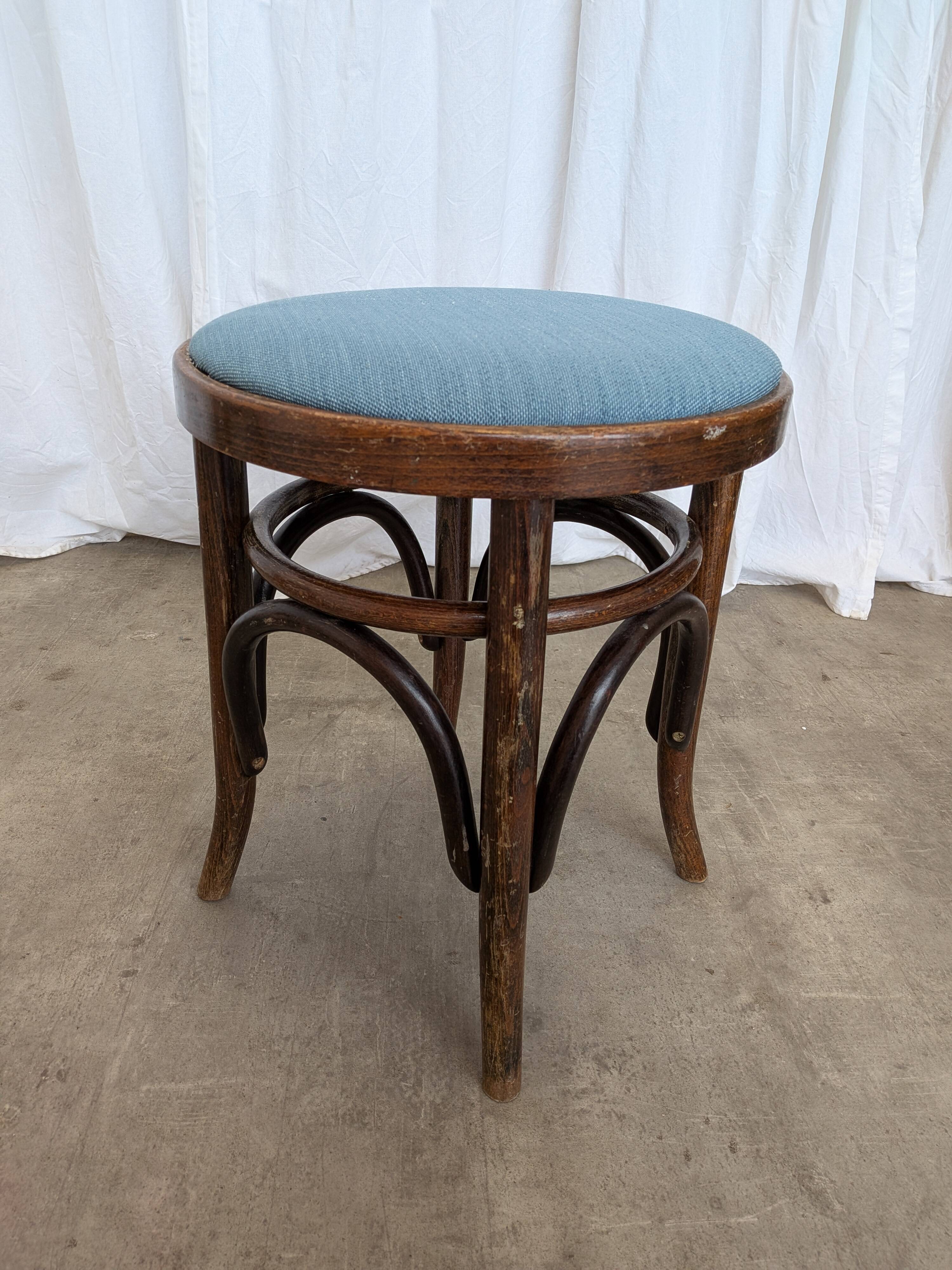 Pair of Vintage Bentwood Stools / Thonet Style / Upholstered Seat in Blue