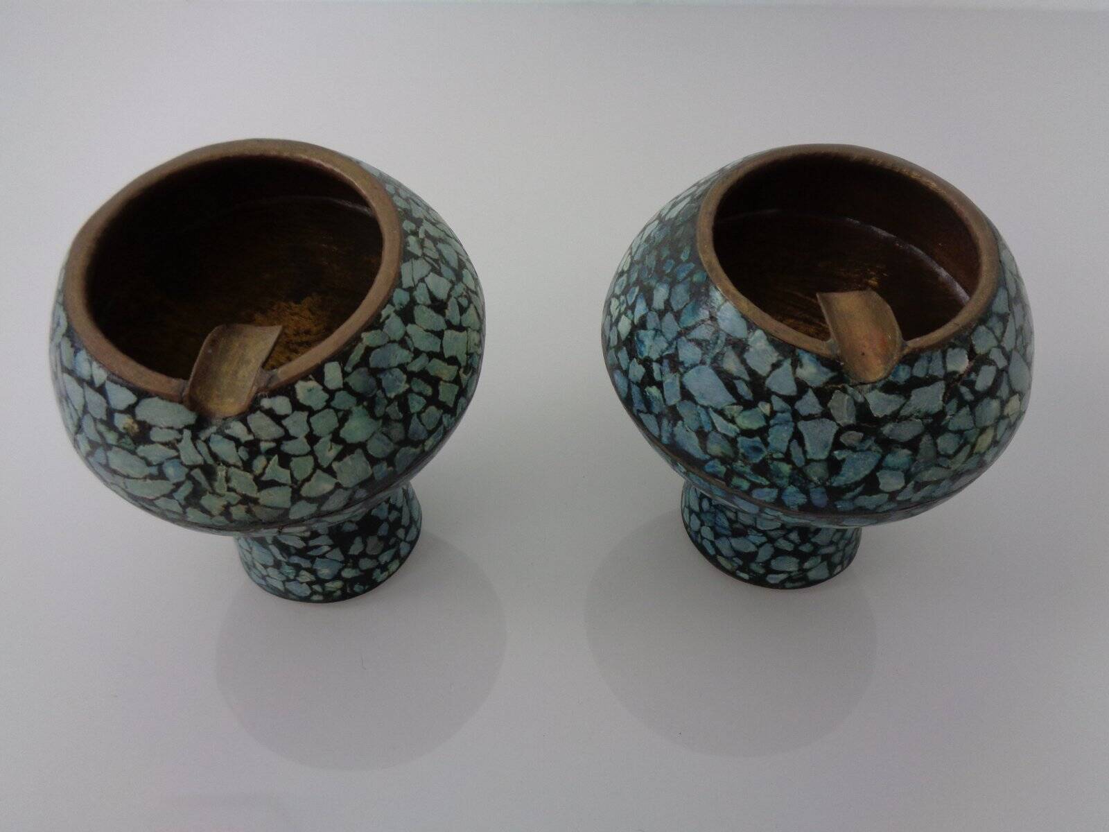 Vintage Indian Copper & Turquoise Stone Ashtrays, 1960s, Set of 2