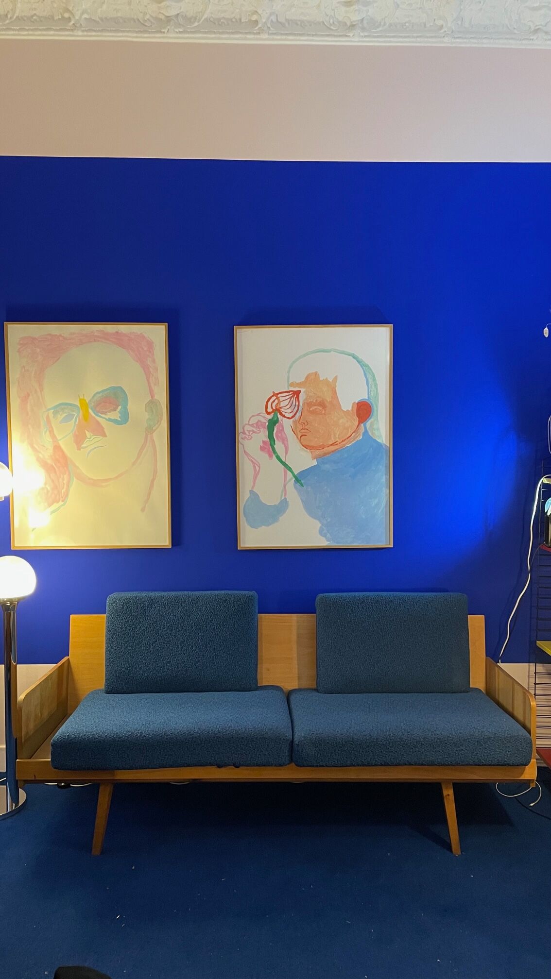 Compass leg sofa from the 60s in wood and vintage fabric