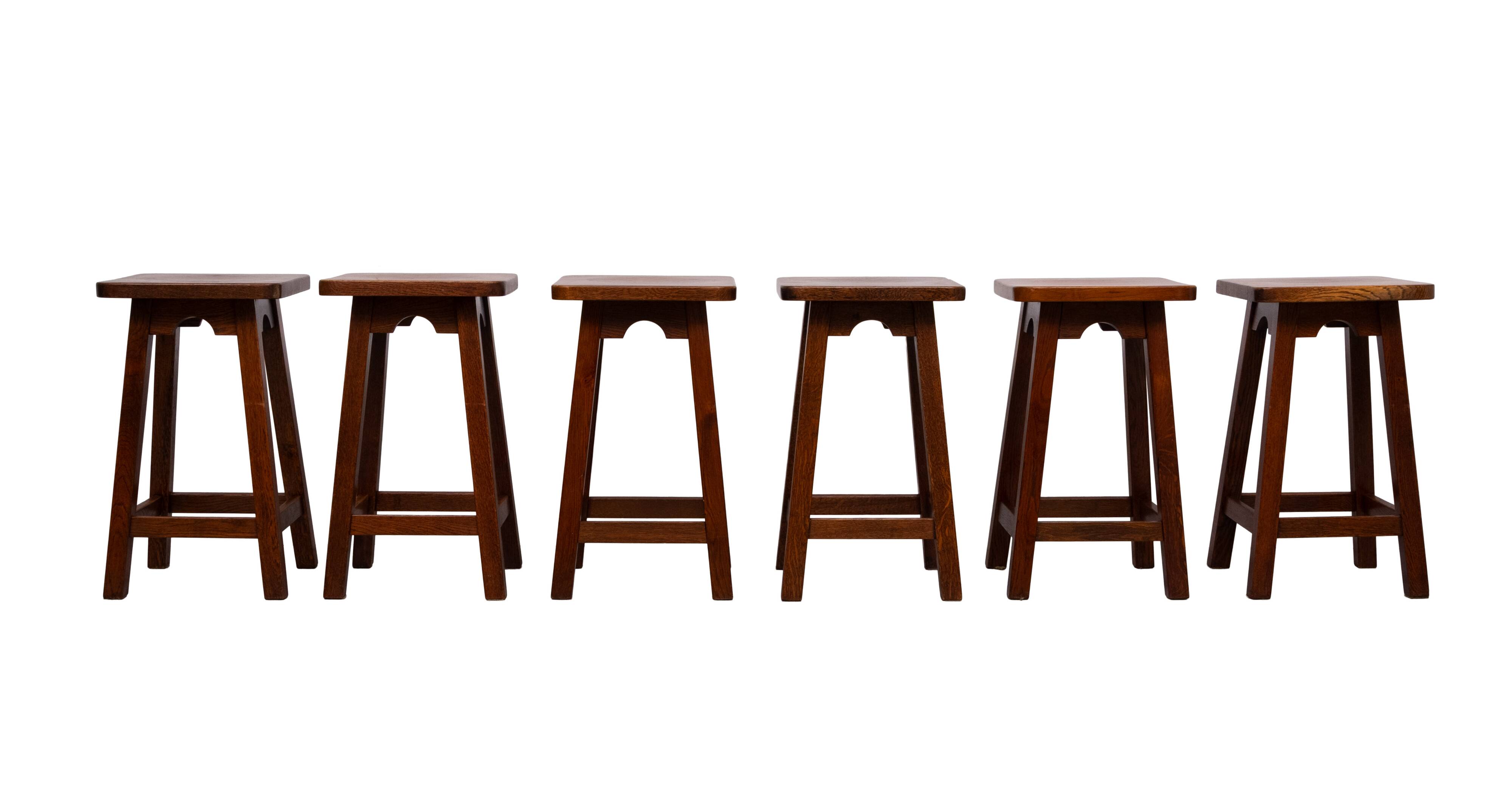set of 6 Brutalist Solid Oak stools 1970s Holland