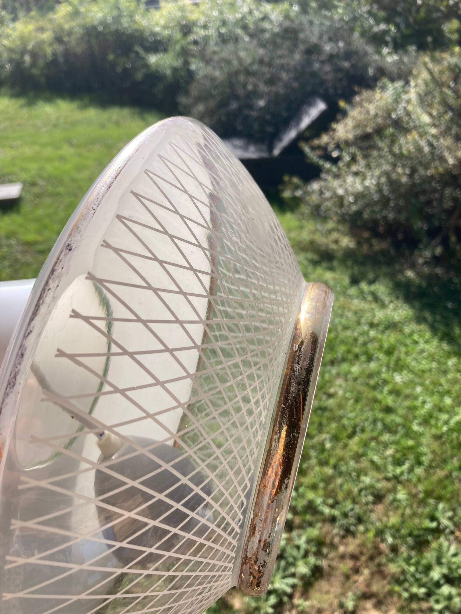 Space Age saucer pendant light, 1950s chandelier, in white and gold glass