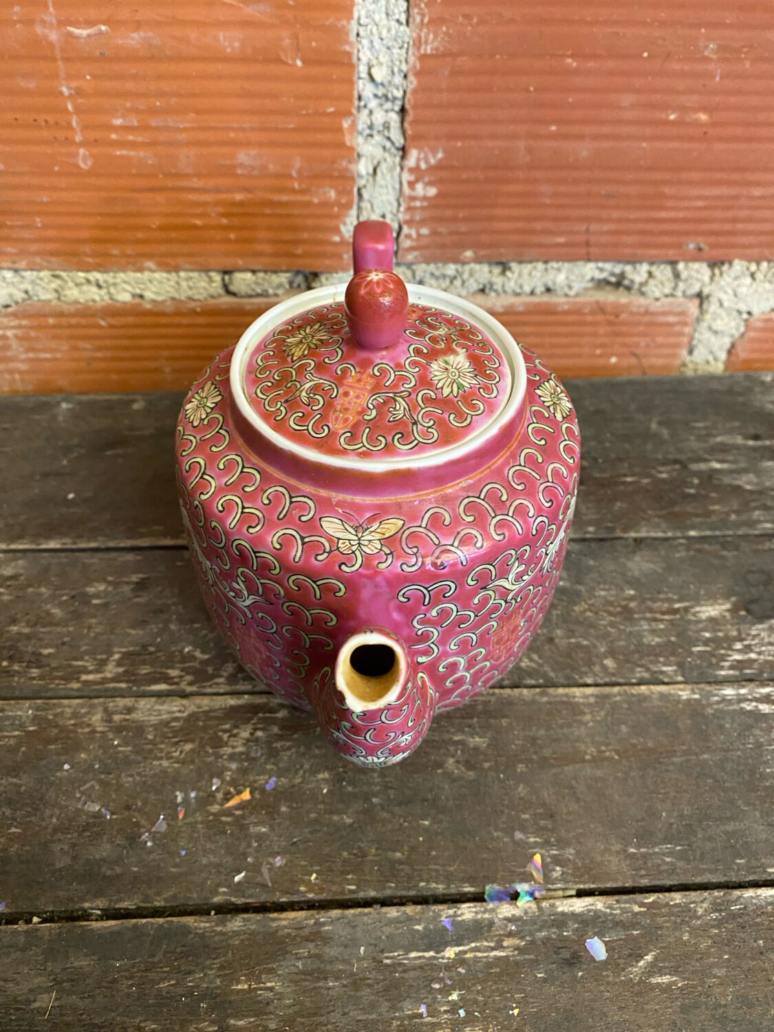 Antique MUN SHOU Teapot Pink Porcelain Flower Decor China Vintage #