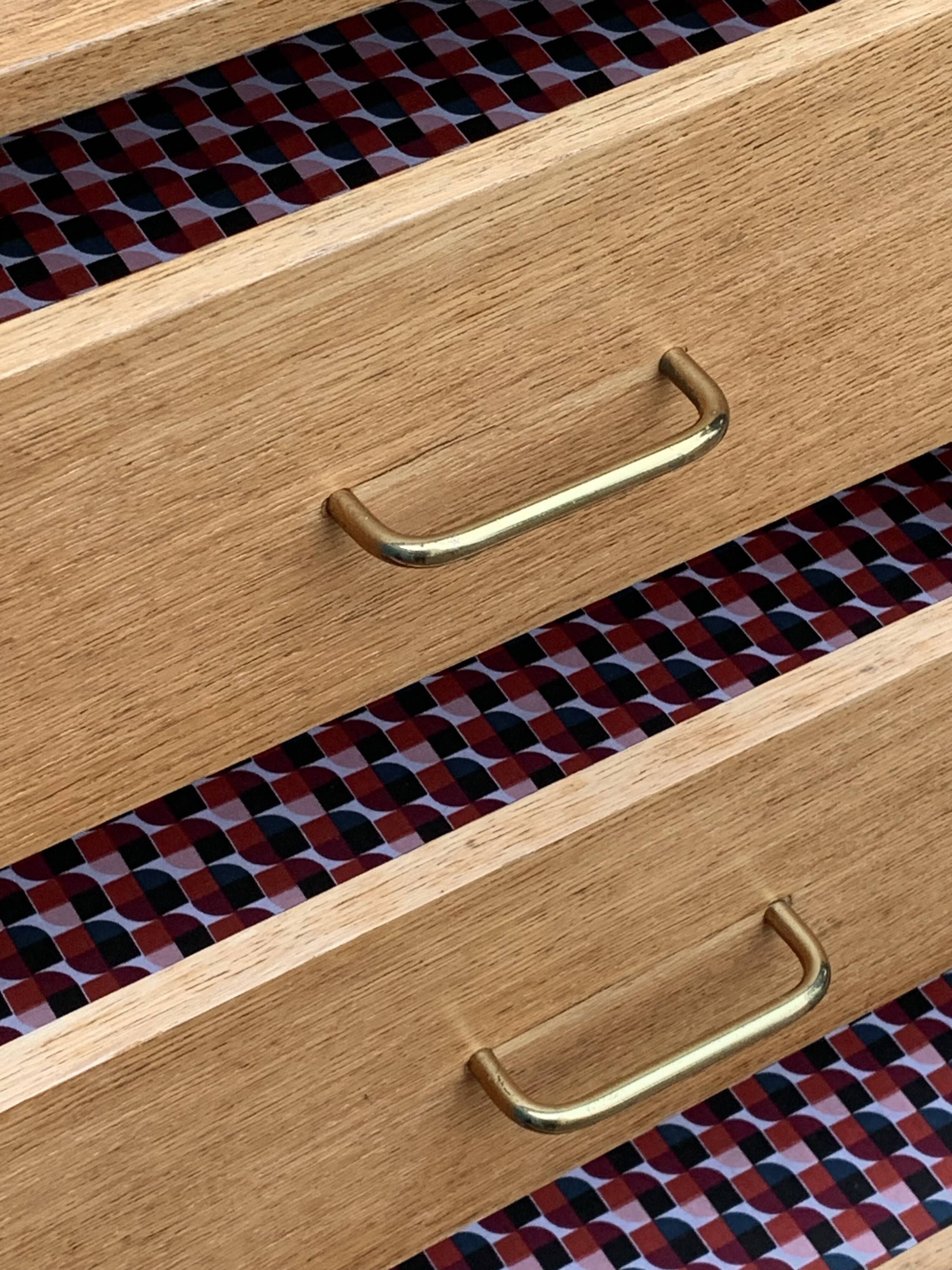 Vintage chest of drawers with compass feet, raw oak, 1960