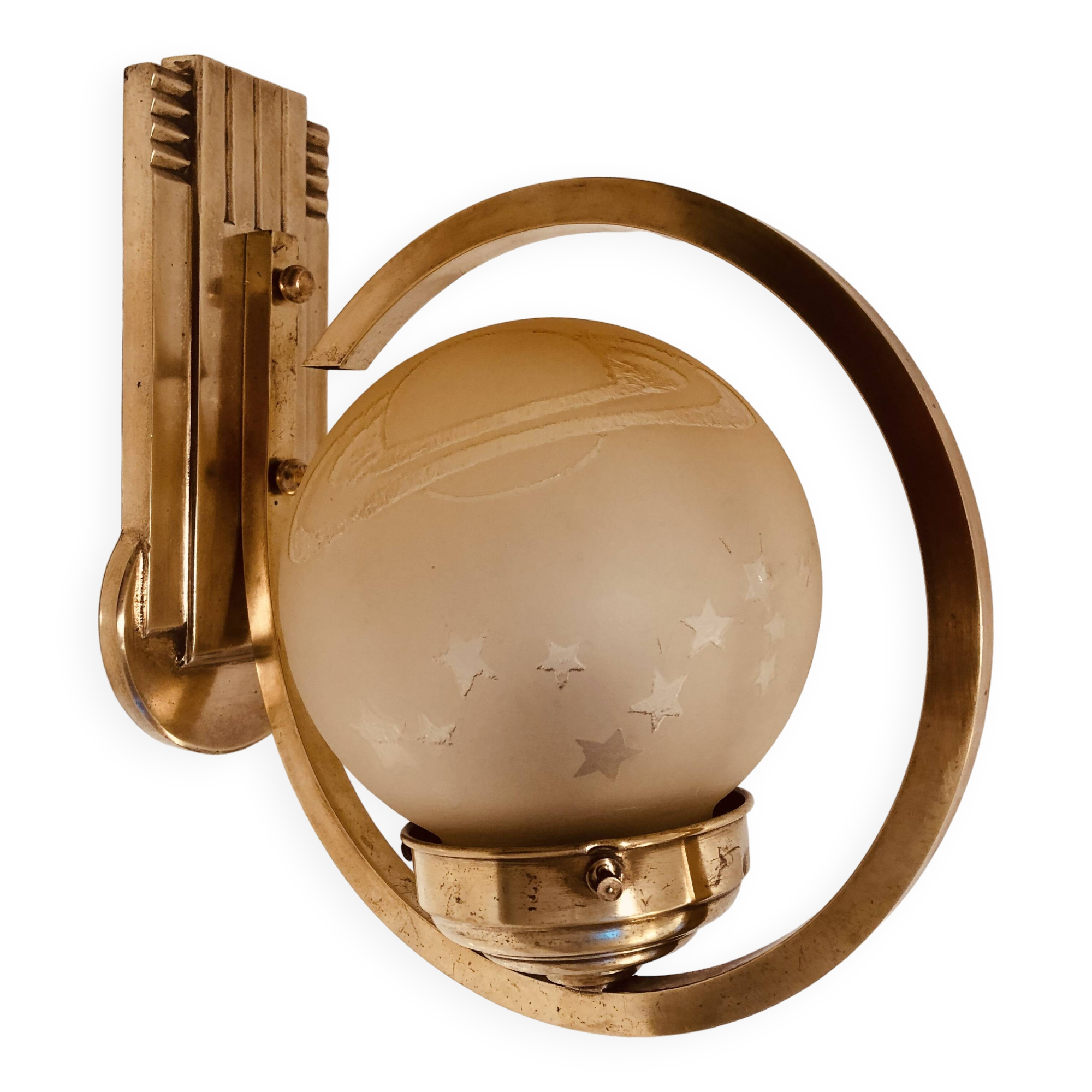 Art Deco wall light 1930-40 signed Deveau brass and glass engraved with stars and planets motif