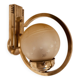 Art Deco wall light 1930-40 signed Deveau brass and glass engraved with stars and planets motif