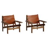 Pair of oak and leather hunting chairs by Kurt Østervig, modern Danish style from the 1960s.