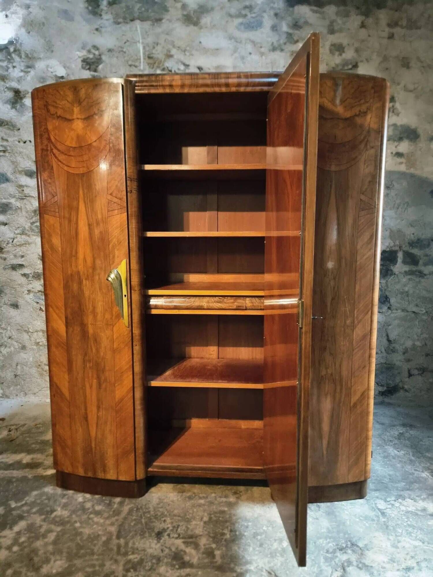 French Art Deco walnut wardrobe with mirror, 1930s