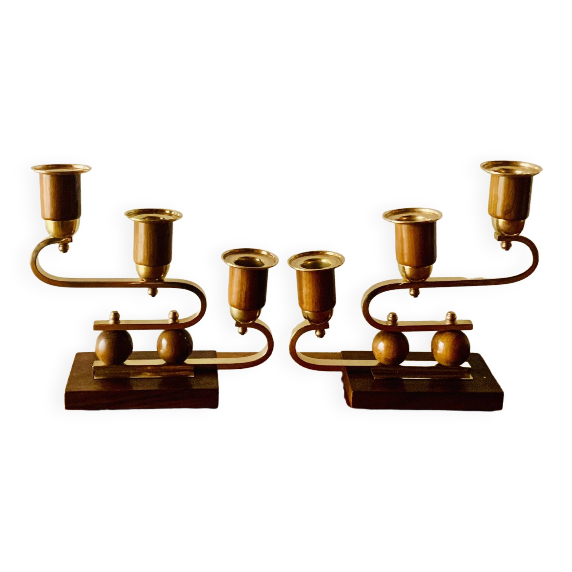 Pair of Art Deco candlesticks in gilded brass and wood