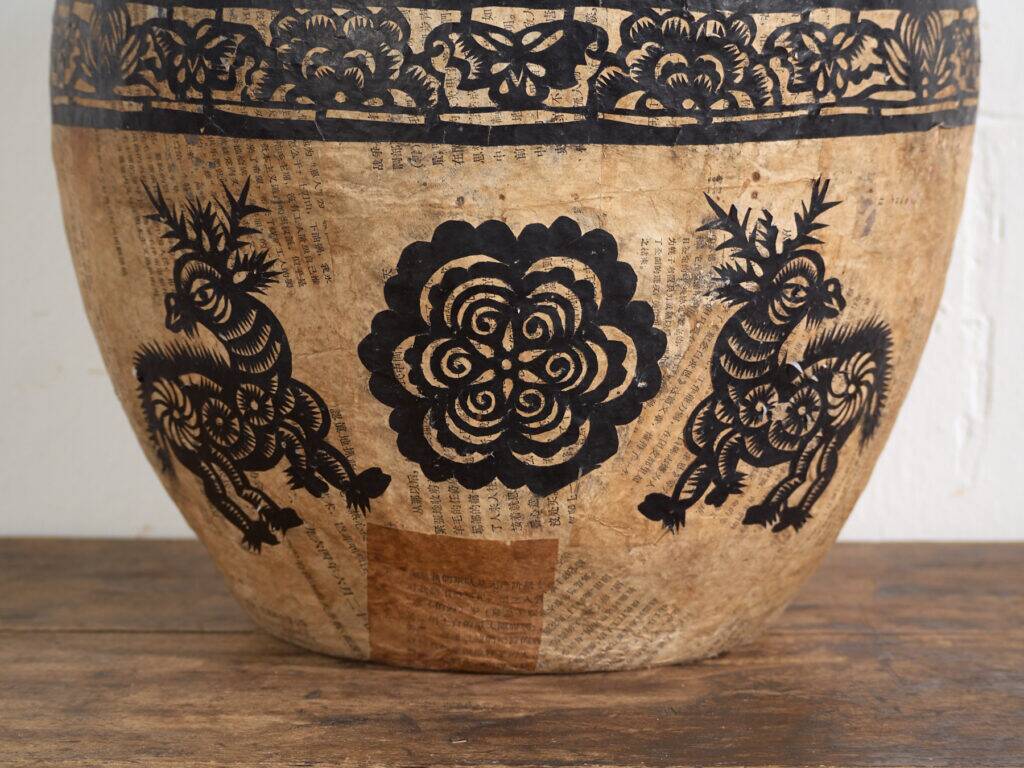 Antique Chinese papier-mâché basket with black papercuts – China, circa 1930