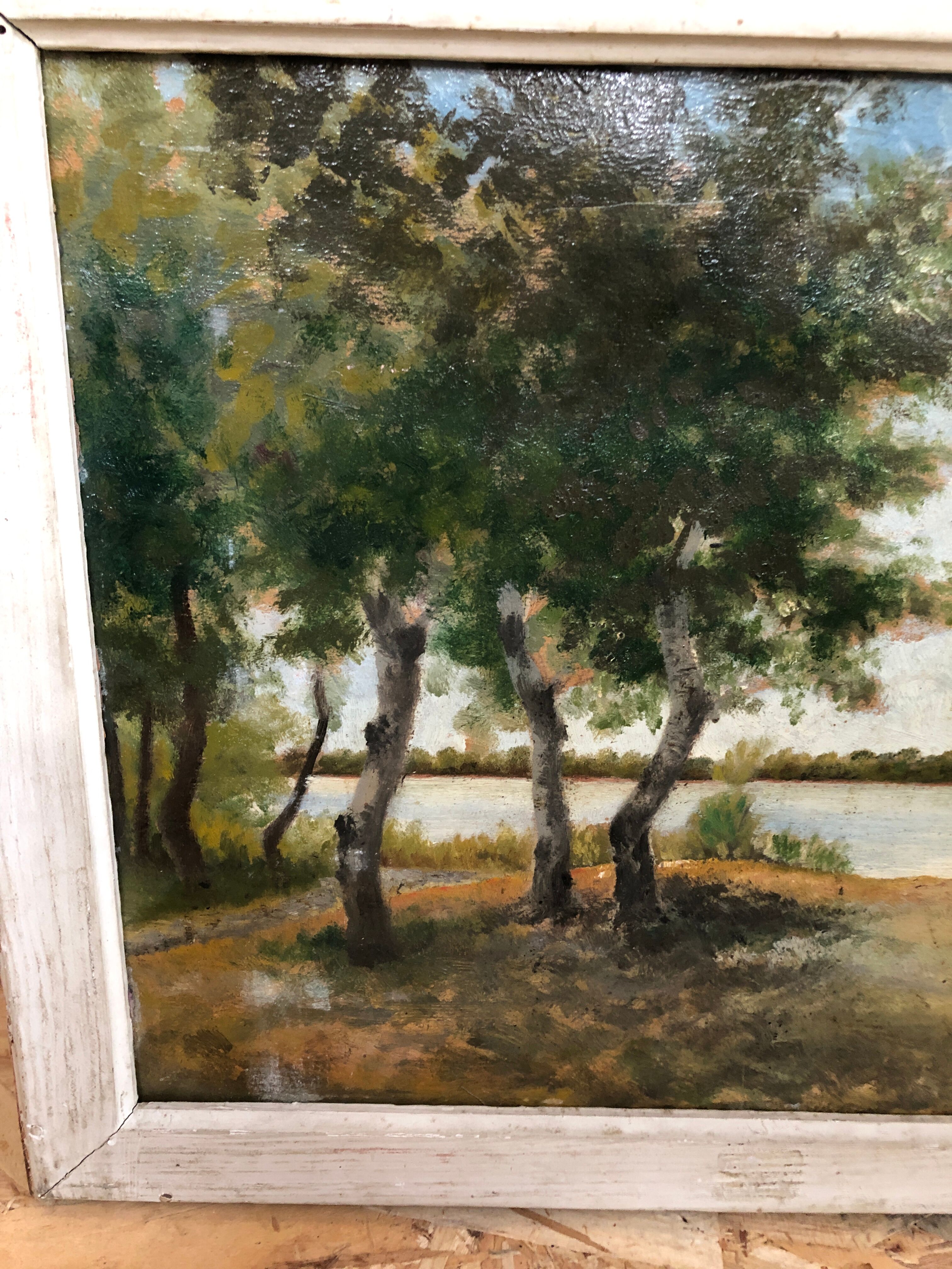 Old oil painting Savior Bernay Theric 1895 the Rhône with vintage wooden frame