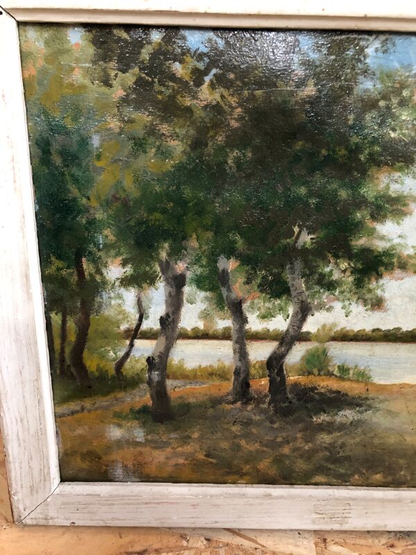 Ancien tableau huile sauveur bernay theric 1895 le rhône avec cadre bois vintage