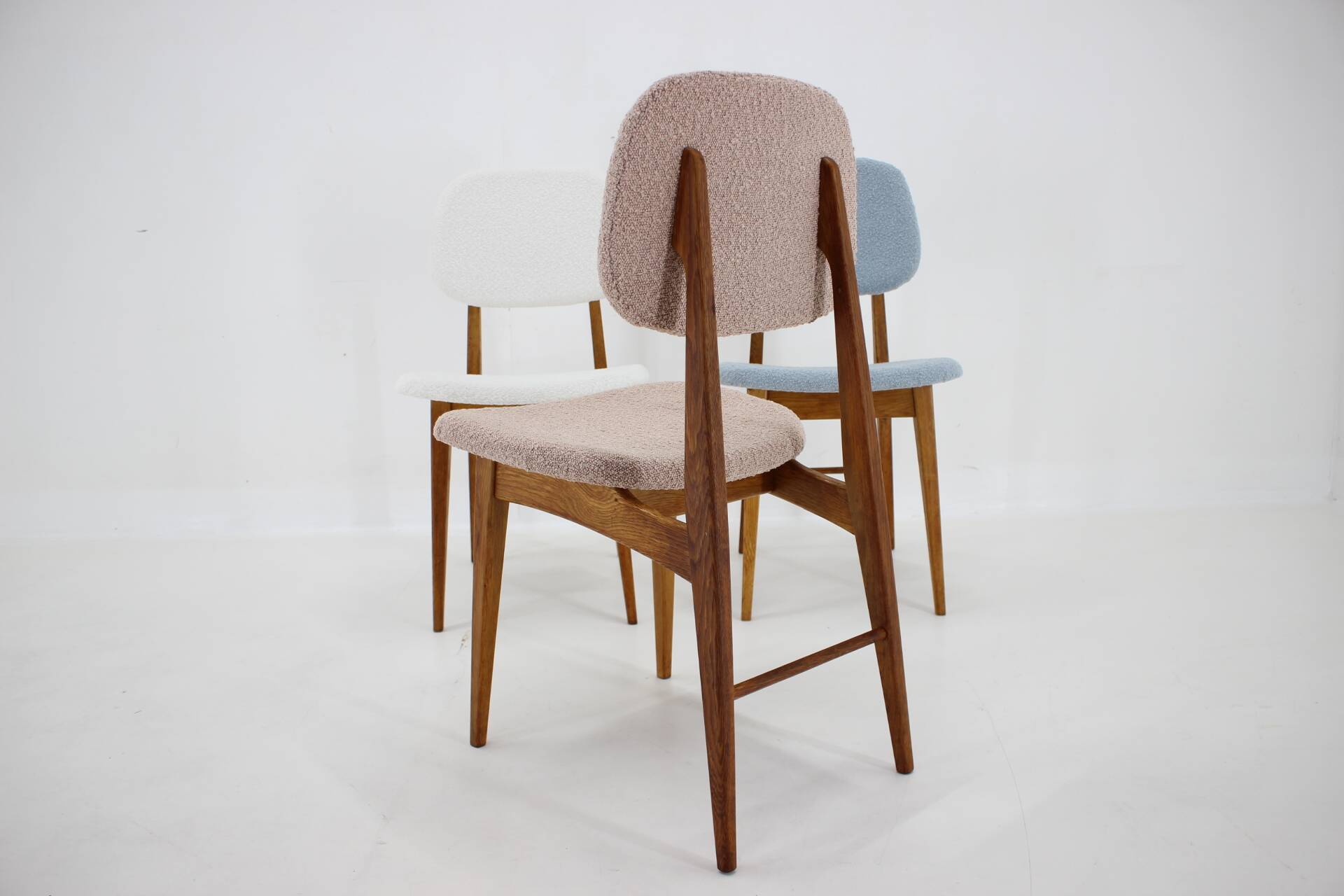 1960s Set of Three Oak Dining Chairs in Boucle, Czechoslovakia