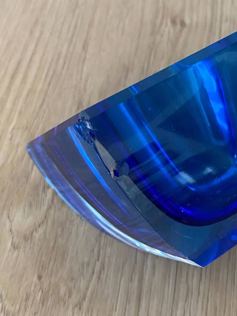 Vintage Sommerso glass ashtray in Murano style, square blue shape.