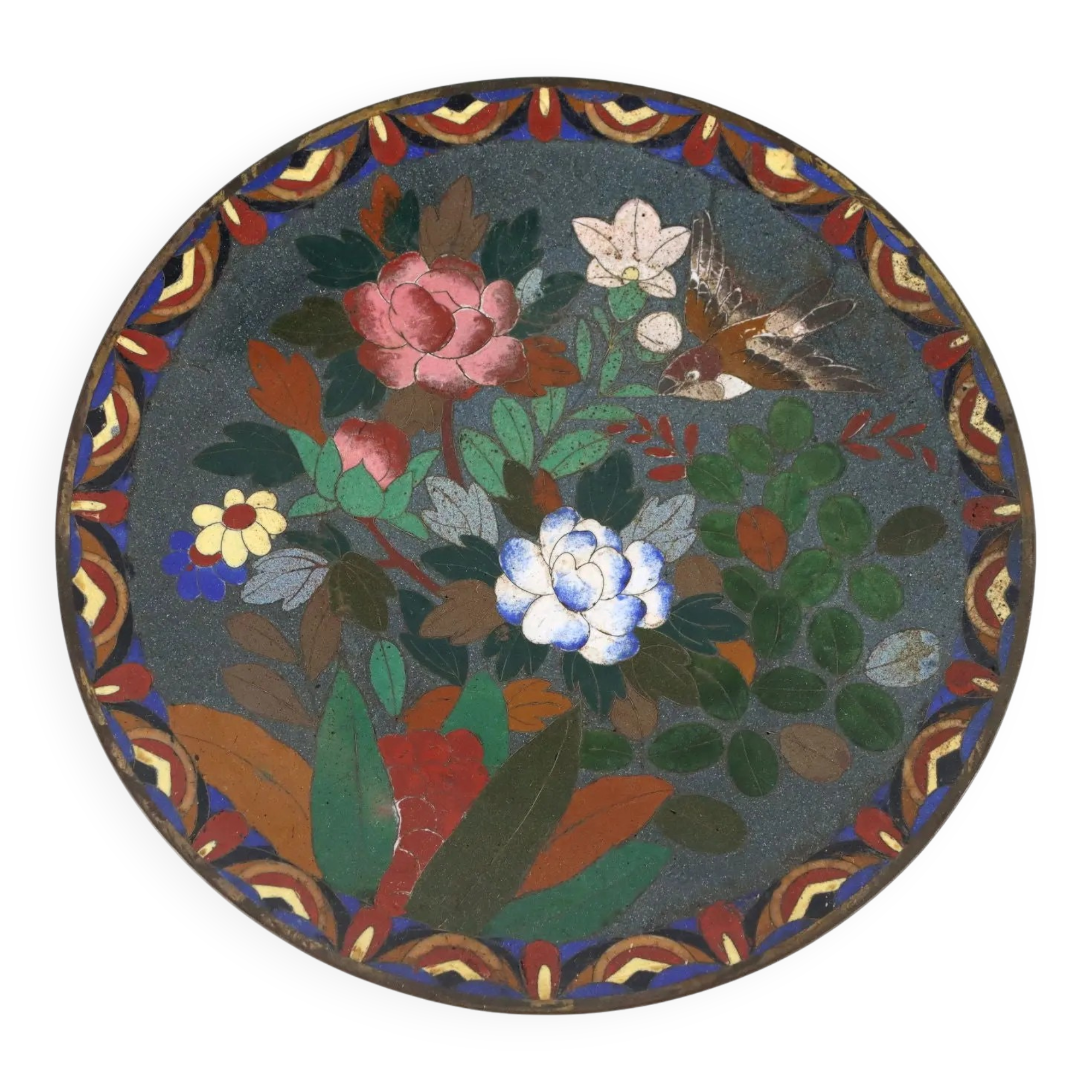 Antique copper plate with cloisonné decorations, Japan, Meiji period