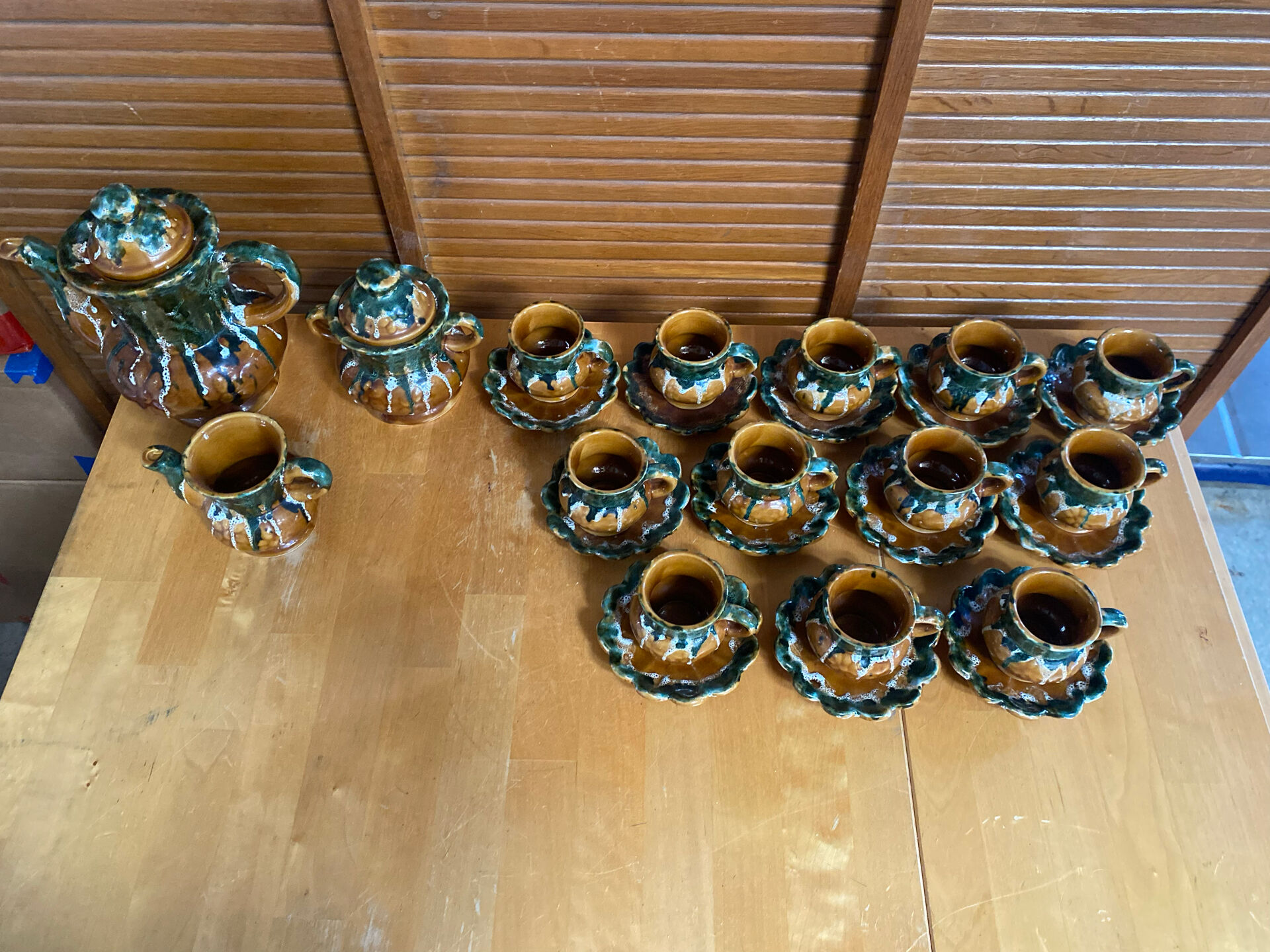 Vintage French café service set, 27 pieces, old pottery from Maine.