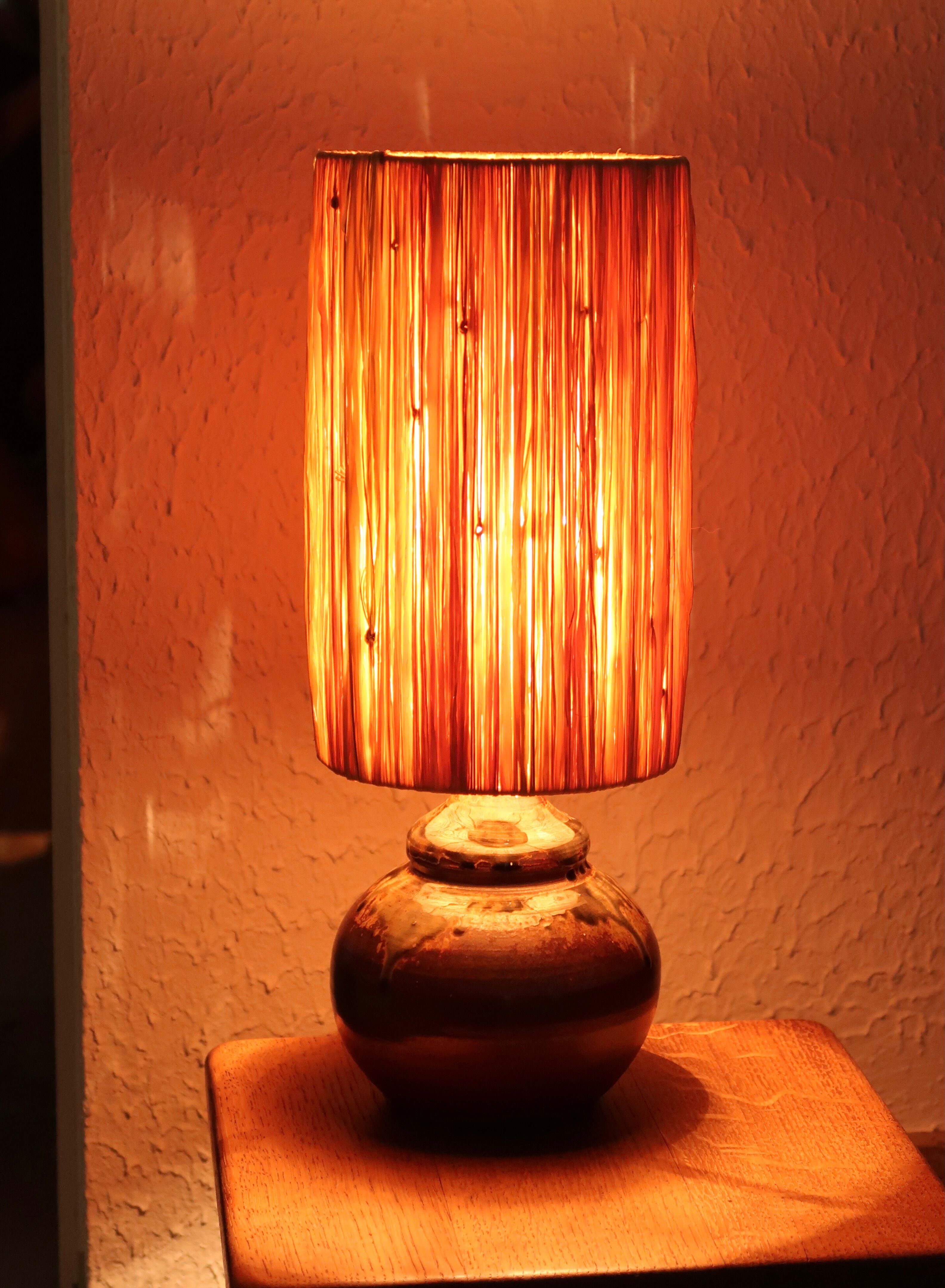 Puisaye stoneware lamp, raffia lampshade, 70s