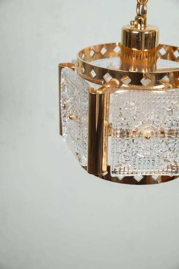 Suspension vintage laiton & verre givré, Suspension en verre Vitrika