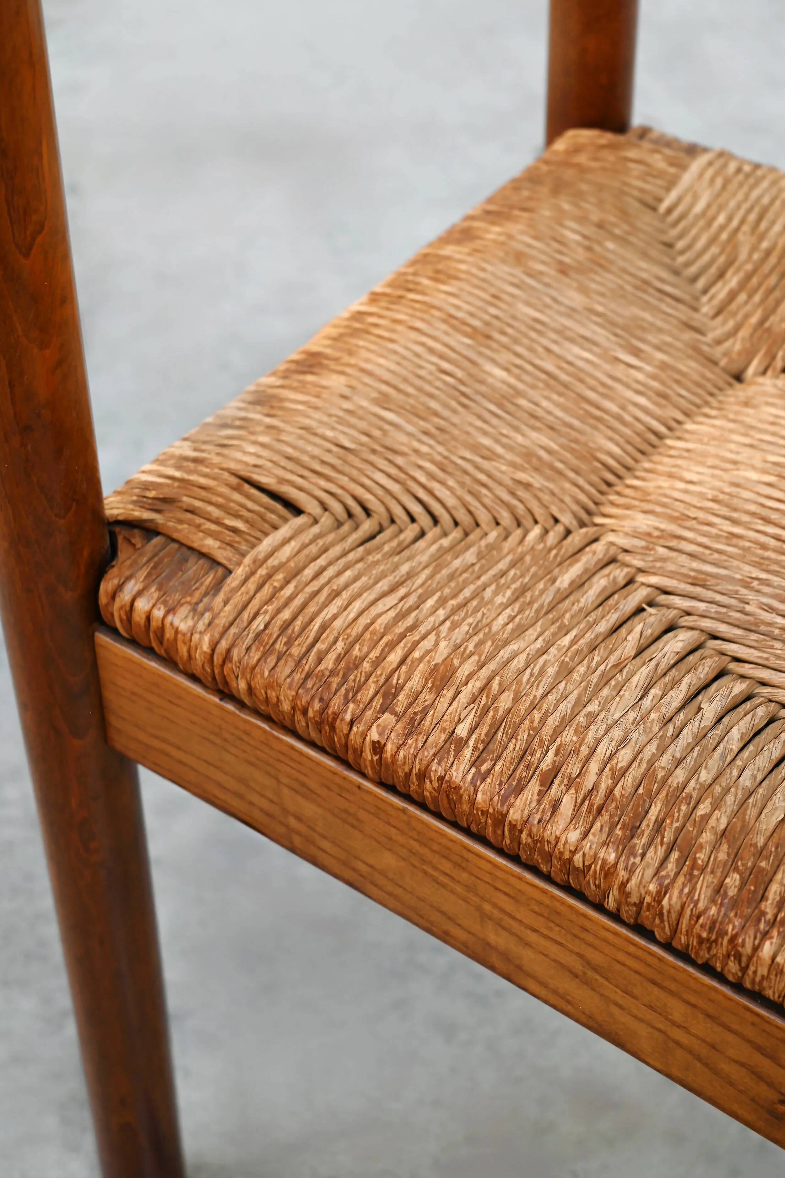 Set of six French oak dining chairs with rush seats, 1970s