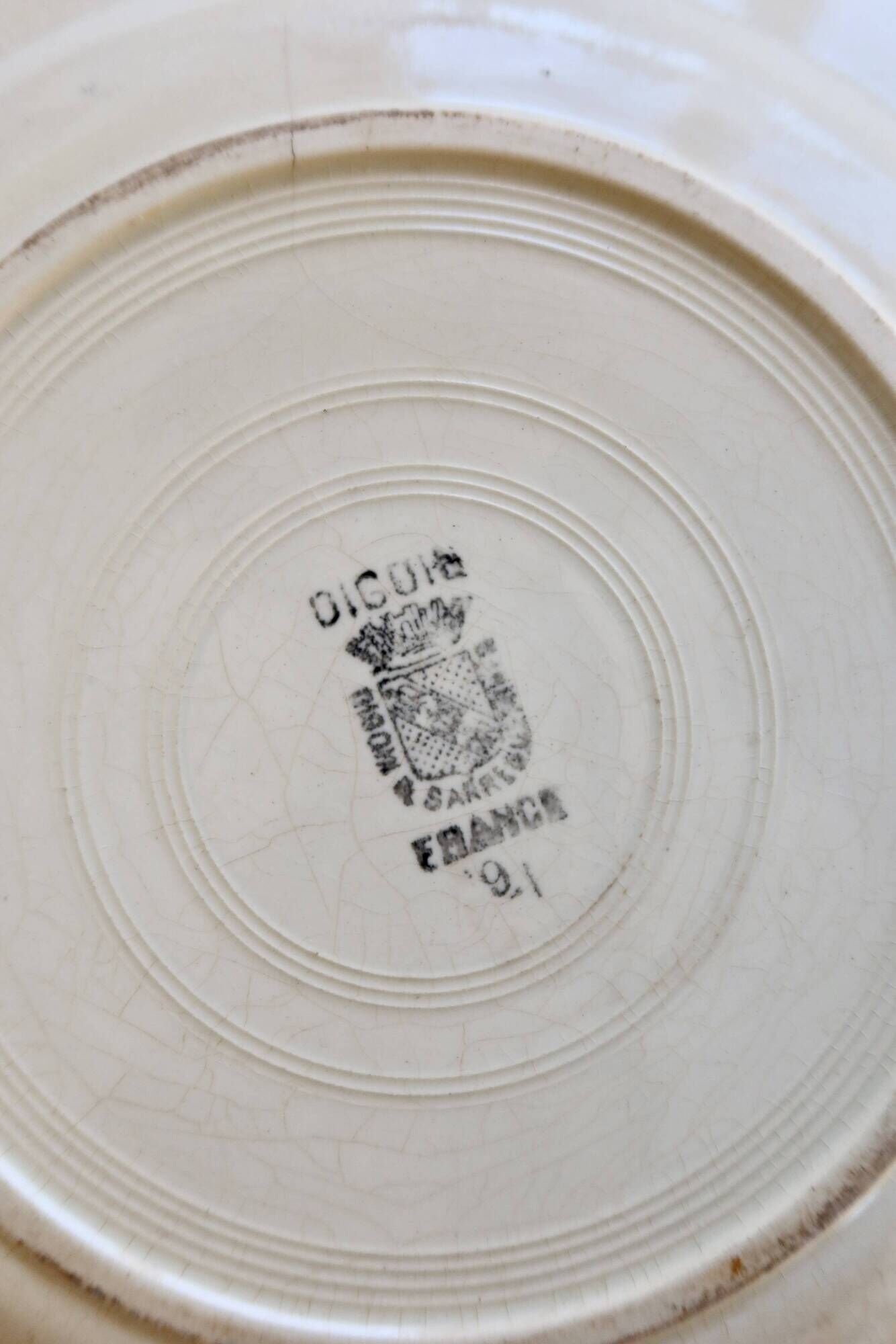 Antique flat plate, ironstone Digoin ivory - Blue rose decoration