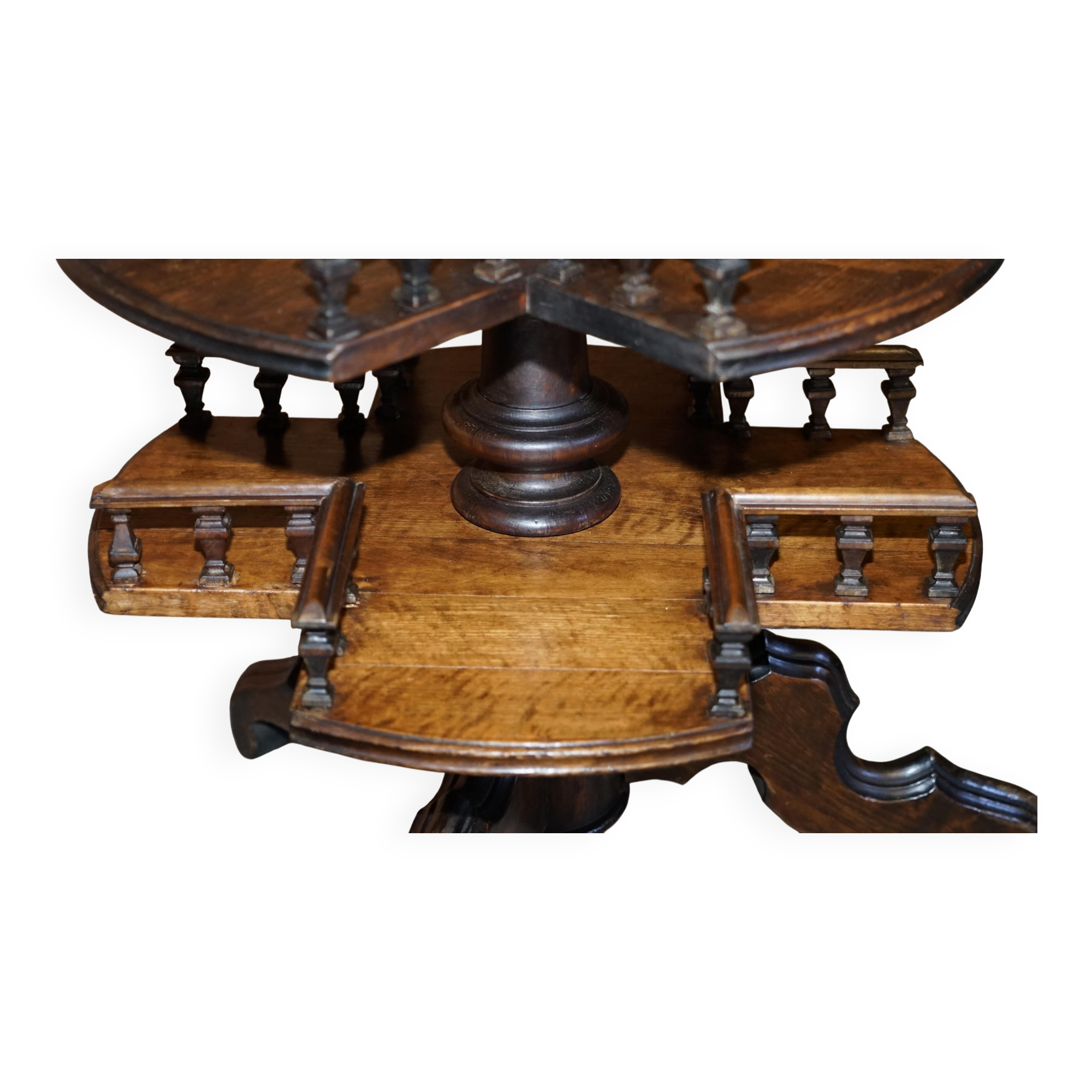 Victorian oak library table, two levels, pokerwork top.