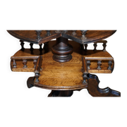 Table bibliothèque victorienne en chêne, deux niveaux, plateau pokerwork