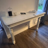 Vintage console in weathered white wood – Chic country style, tapered legs.