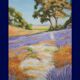 Oil painting on wooden panel, lavender landscape with lilacs and trees.