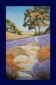 Oil painting on wooden panel, lavender landscape with lilacs and trees.