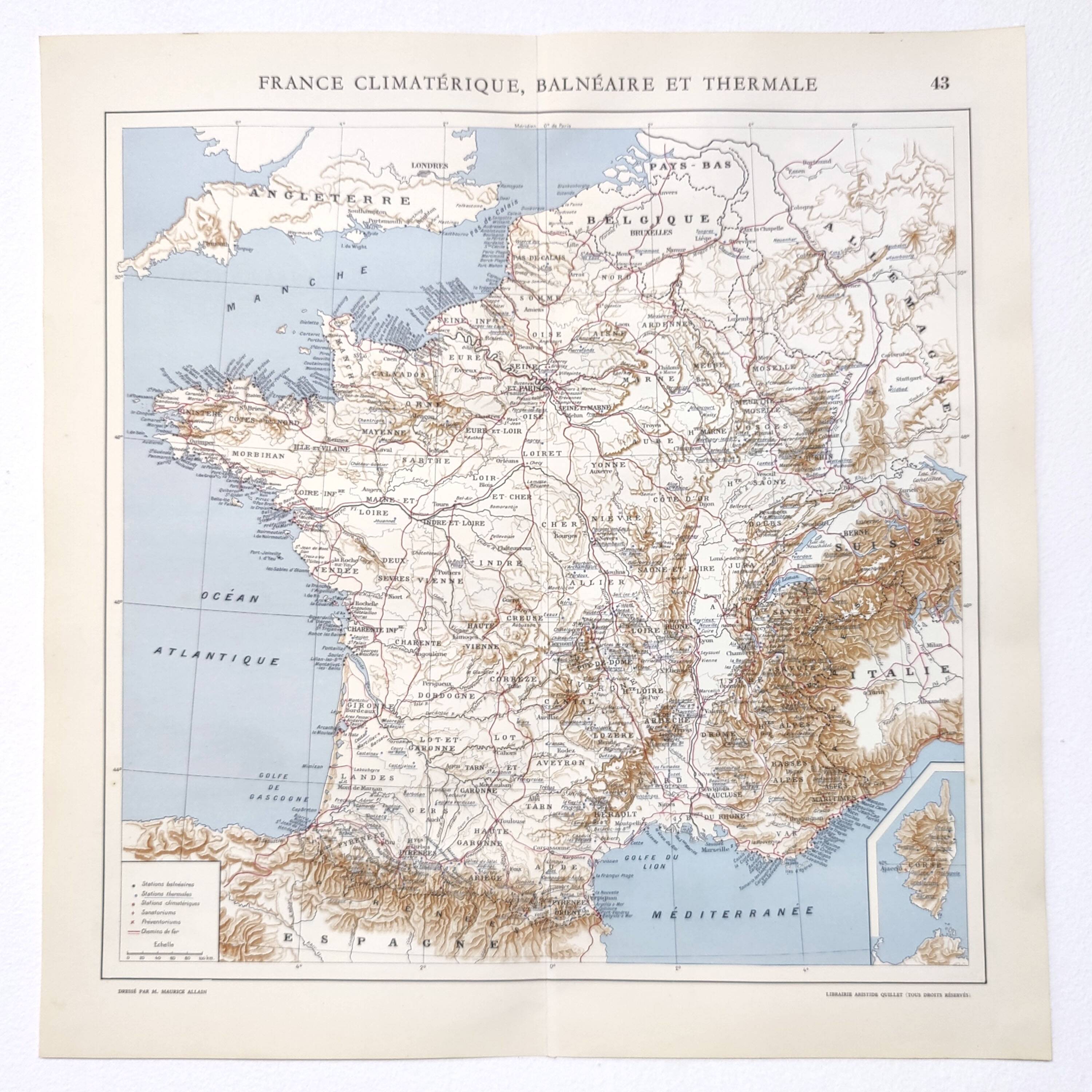 Vintage map of seaside and thermal France from 1950
