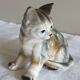 Figurine, Cat statuette, in old 20th century enameled ceramic. Animal figurine, vintage feline